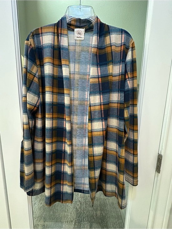 Grace And Emma Sweaters - Cozy Plaid Open Cardigan in Navy, Mustard & Cream M/L